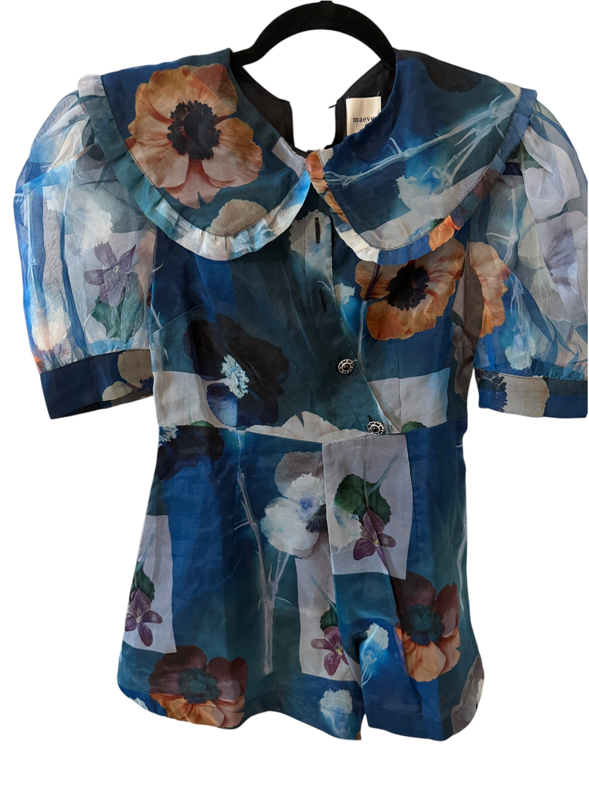 Maeve Puff-Sleeve Collared Organza Romper