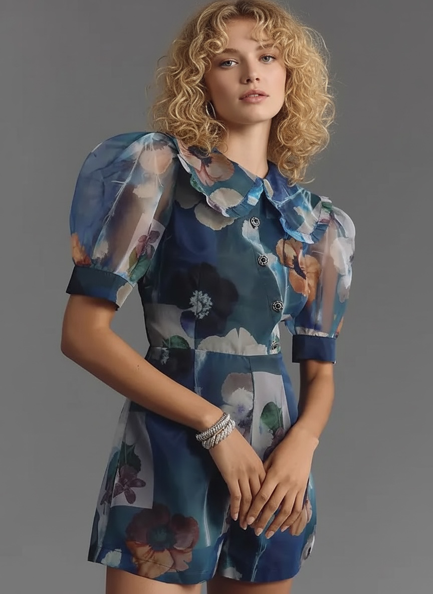 Maeve Puff-Sleeve Collared Organza Romper