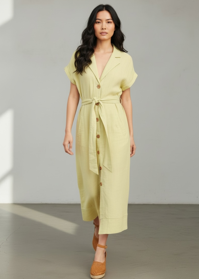 Woman wearing a light yellow dress with buttons in a minimalistic setting
