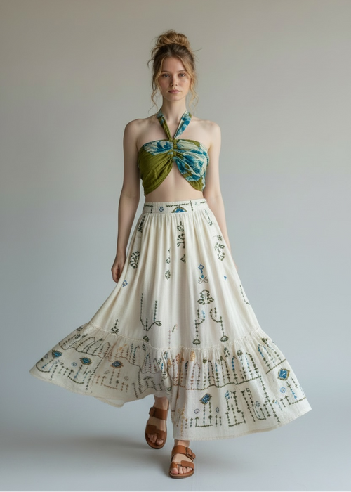Woman wearing a green top and white skirt with patterns against a plain background