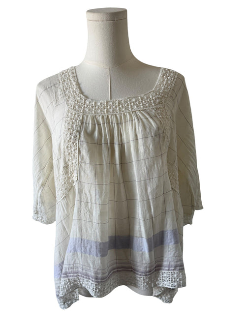 White blouse with lace details on a mannequin against a white background