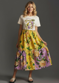 Farm Rio Tiered Maxi Shirt Dress features a graphic "Feita de Brasil"