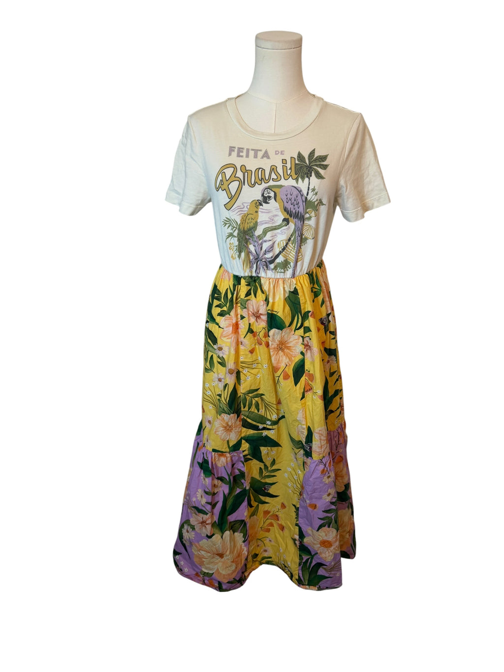 Farm Rio Tiered Maxi Shirt Dress features a graphic "Feita de Brasil"