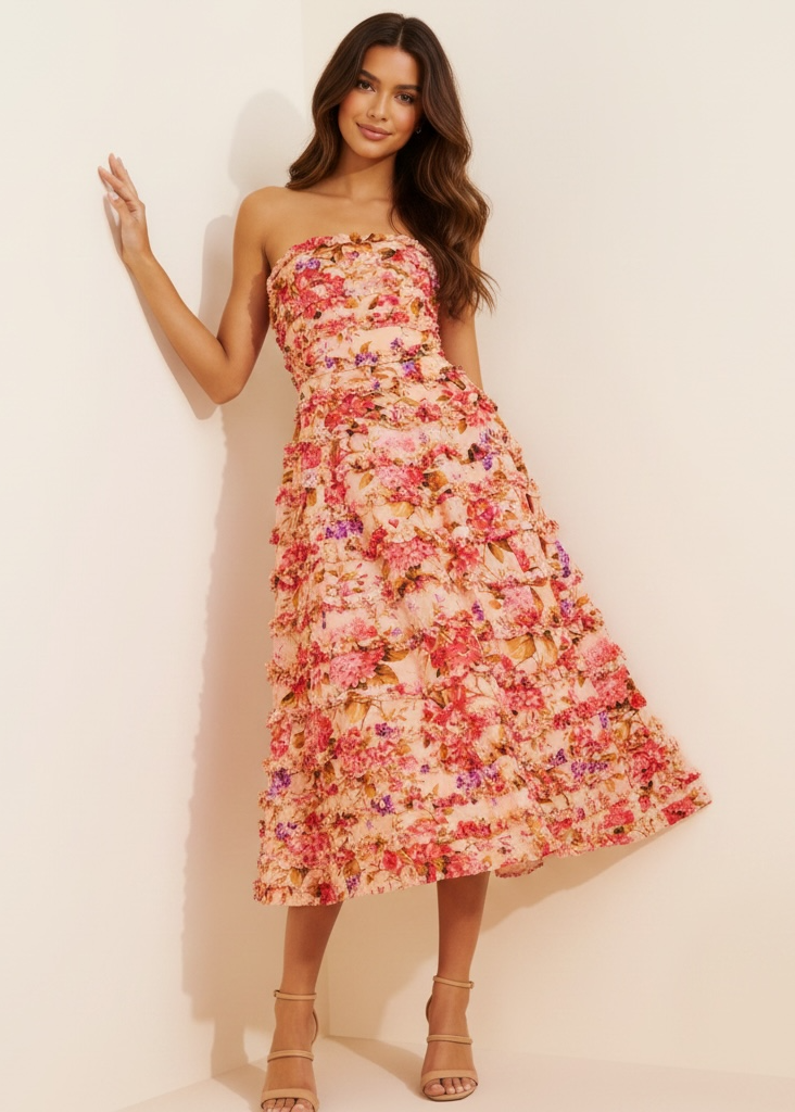 Mac Duggal strapless midi dress featuring an allover tiered ruffle design