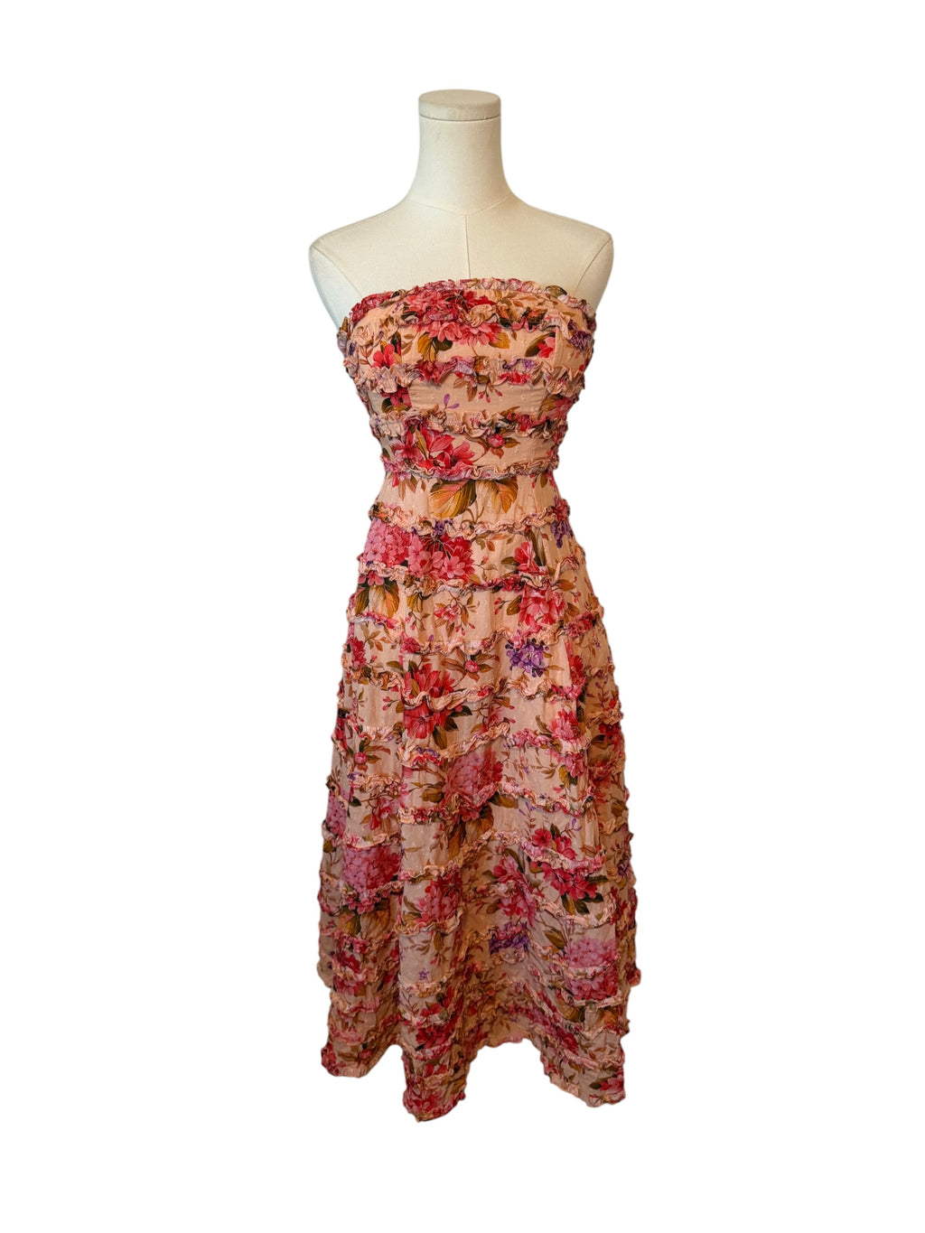 Mac Duggal strapless midi dress featuring an allover tiered ruffle design