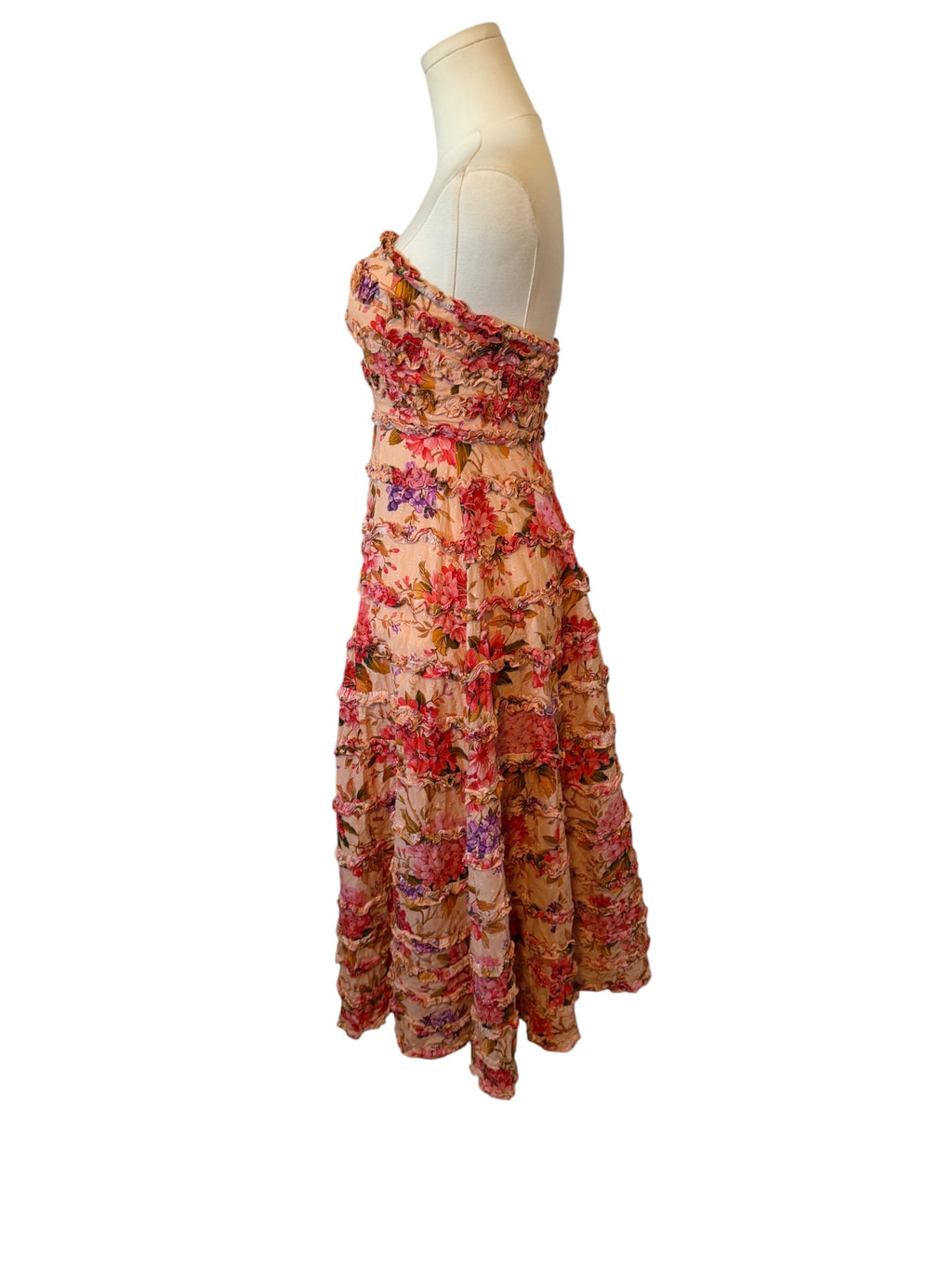 Mac Duggal strapless midi dress featuring an allover tiered ruffle design