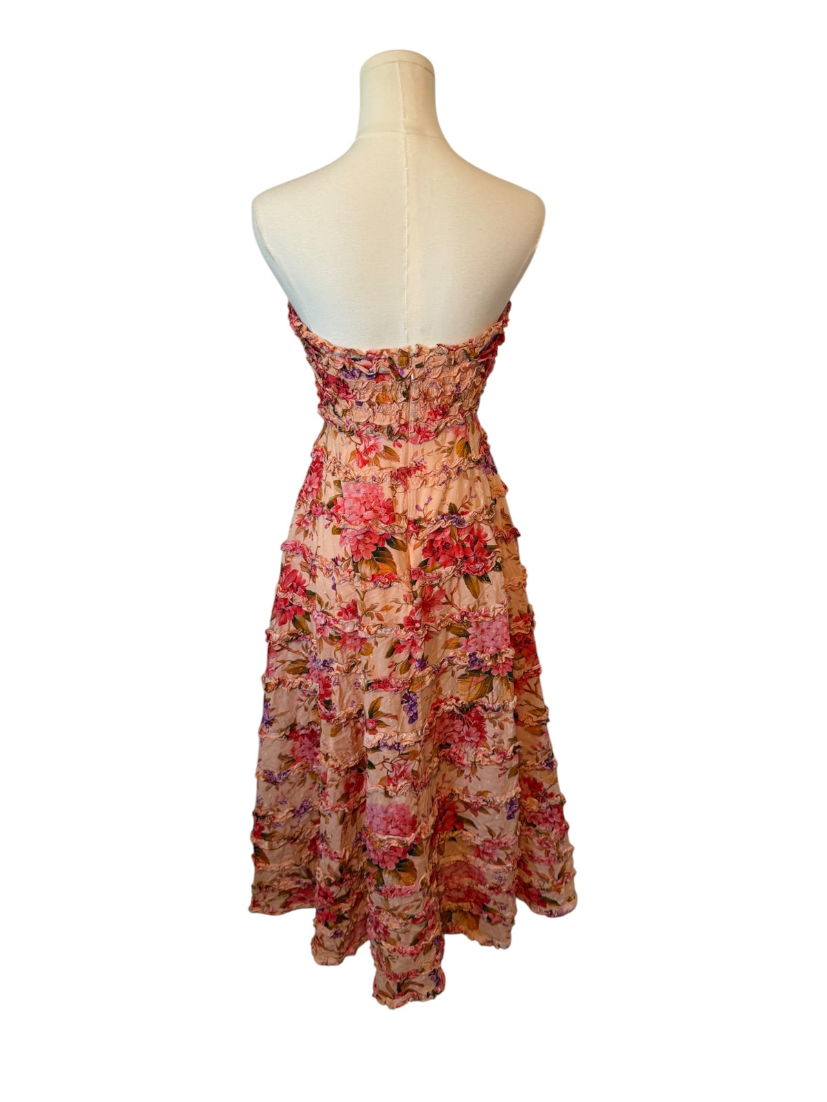Mac Duggal strapless midi dress featuring an allover tiered ruffle design