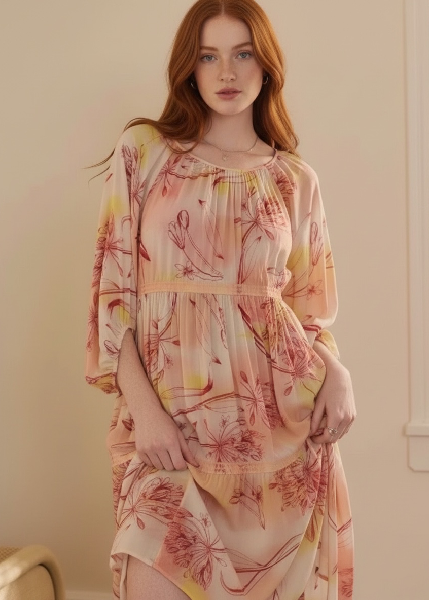 By Anthropologie Tiered Puff-Sleeve Midi Dress