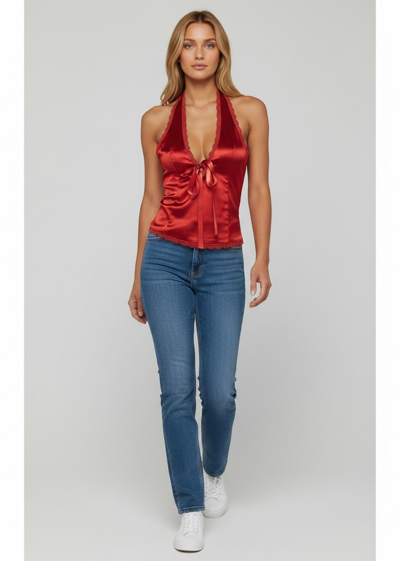 red satin top by Kimchi Blue for Urban Outfitters