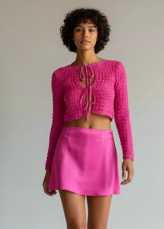 hot pink Urban Outfitters Sylvie Bubble Knit Tie-Front Top