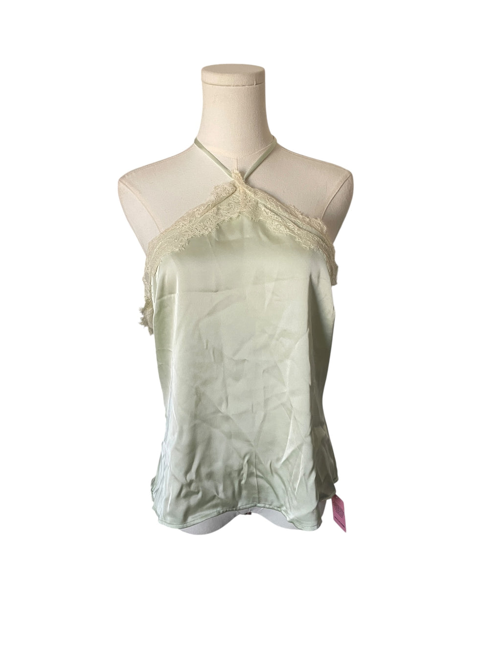 PrettyLittleThing Sage Green Satin Lace Trim Halterneck Cami Top