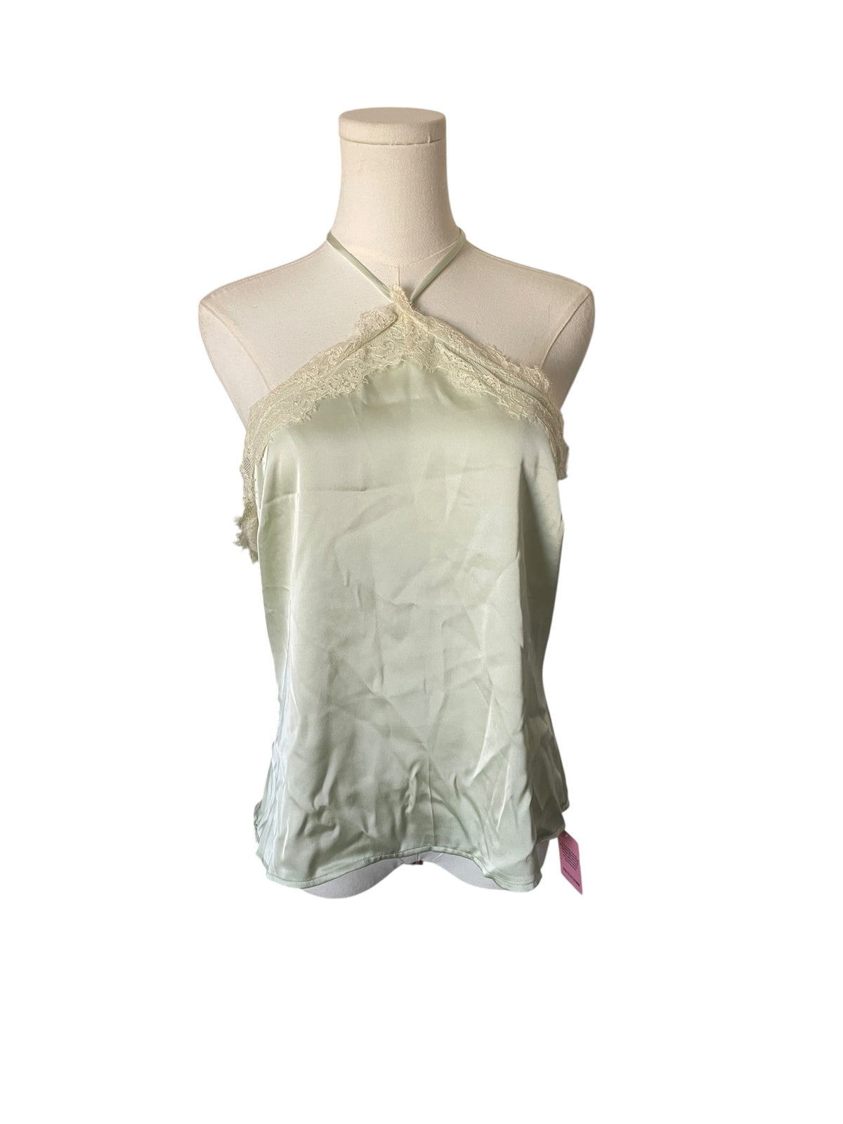 PrettyLittleThing Sage Green Satin Lace Trim Halterneck Cami Top