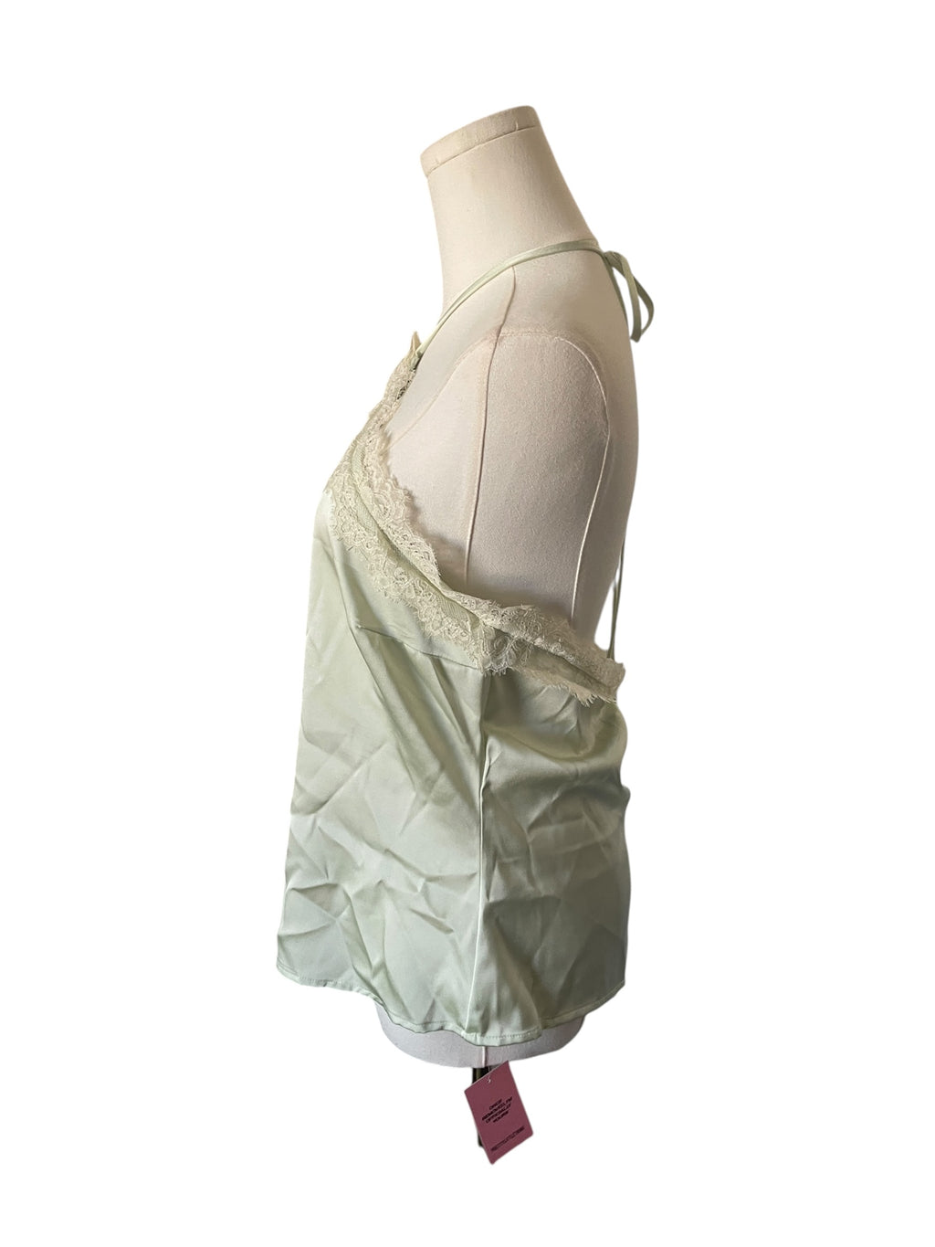 PrettyLittleThing Sage Green Satin Lace Trim Halterneck Cami Top