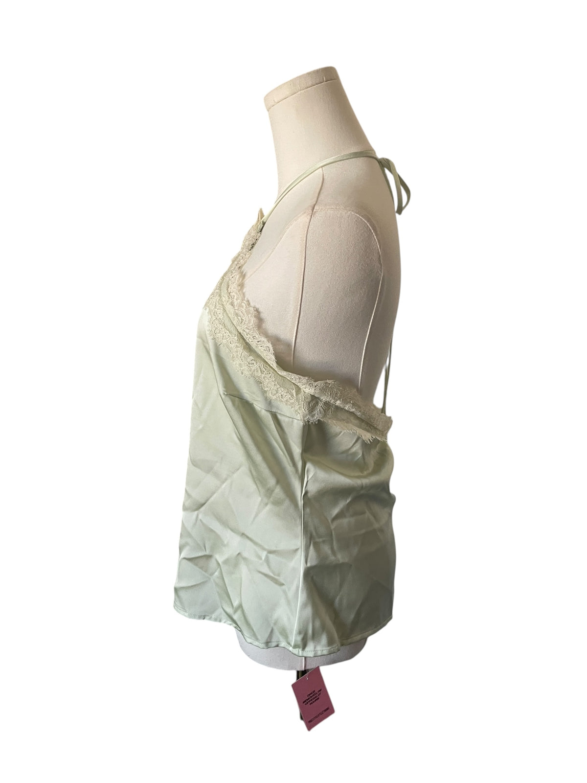 PrettyLittleThing Sage Green Satin Lace Trim Halterneck Cami Top