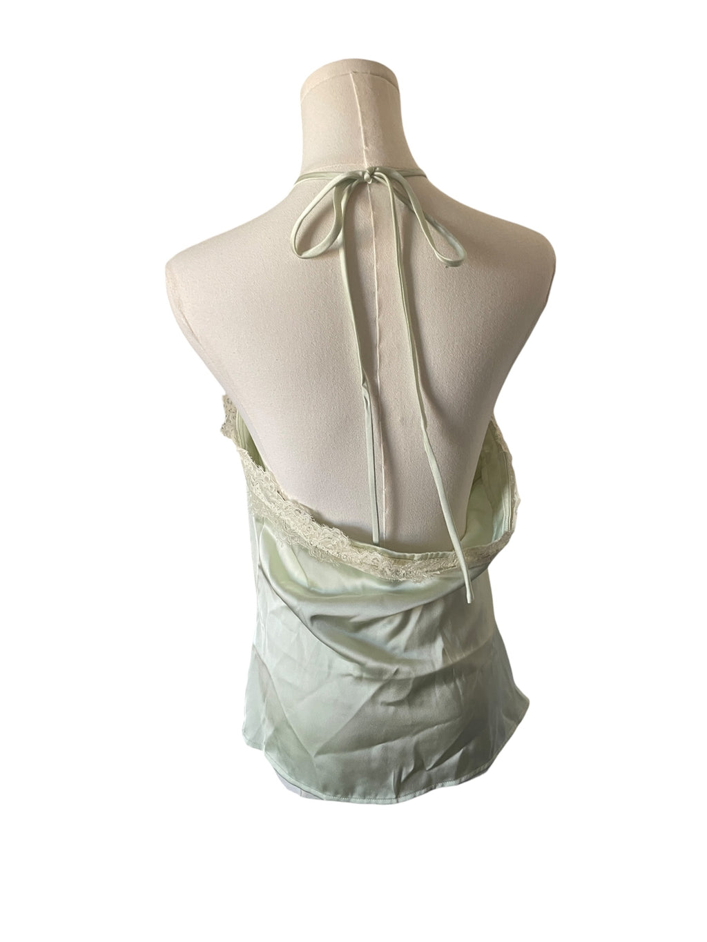 PrettyLittleThing Sage Green Satin Lace Trim Halterneck Cami Top