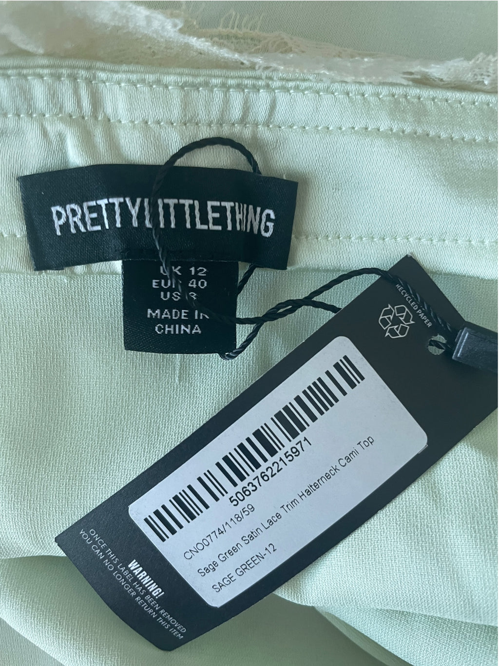 PrettyLittleThing Sage Green Satin Lace Trim Halterneck Cami Top