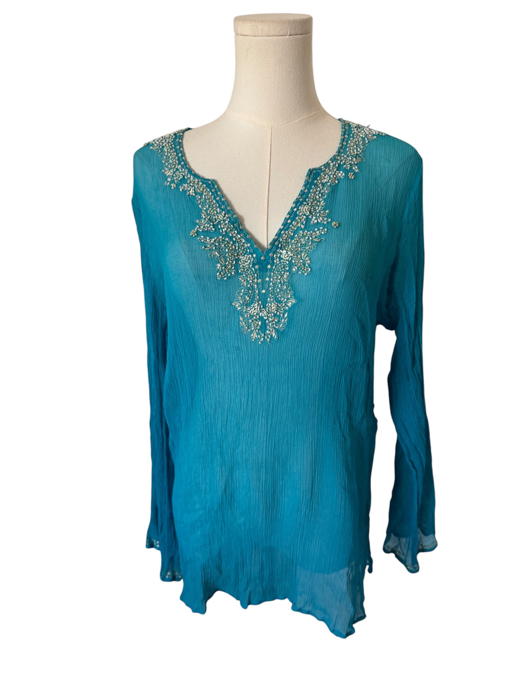 Peter Nygard turquoise blue crinkle chiffon tunic top