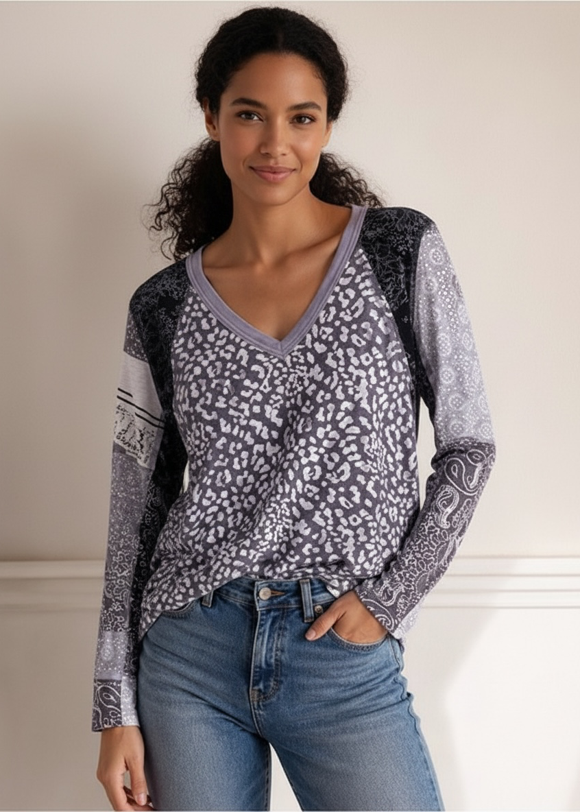 Free People We The Free Mixed Print Leopard Paisley V NeckTop Small