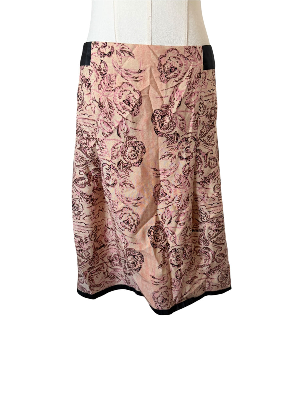 Tracy Reese Pink Floral knee length Skirt with Black Trim