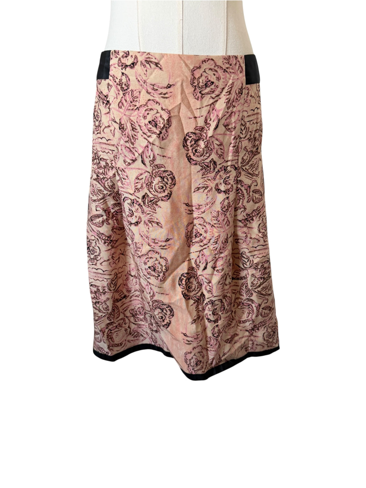 Tracy Reese Pink Floral knee length Skirt with Black Trim