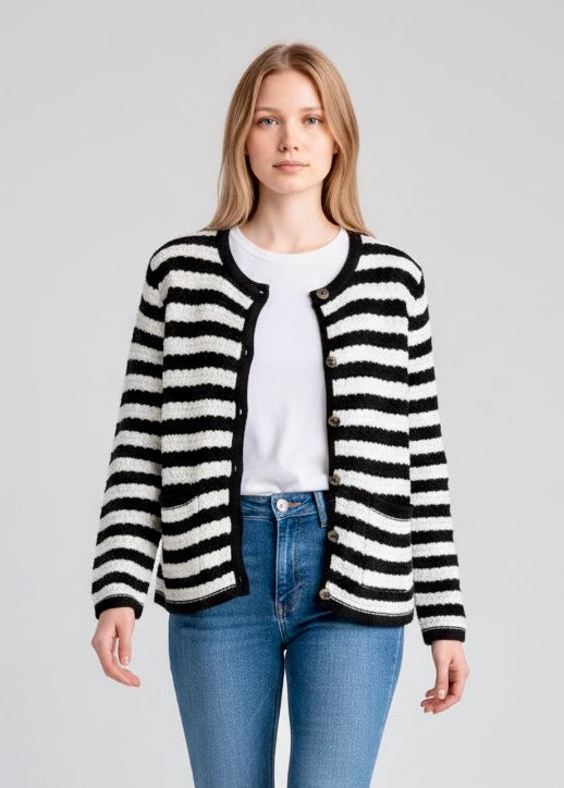 Koko + Mason Striped Black and White Crewneck Cardigan