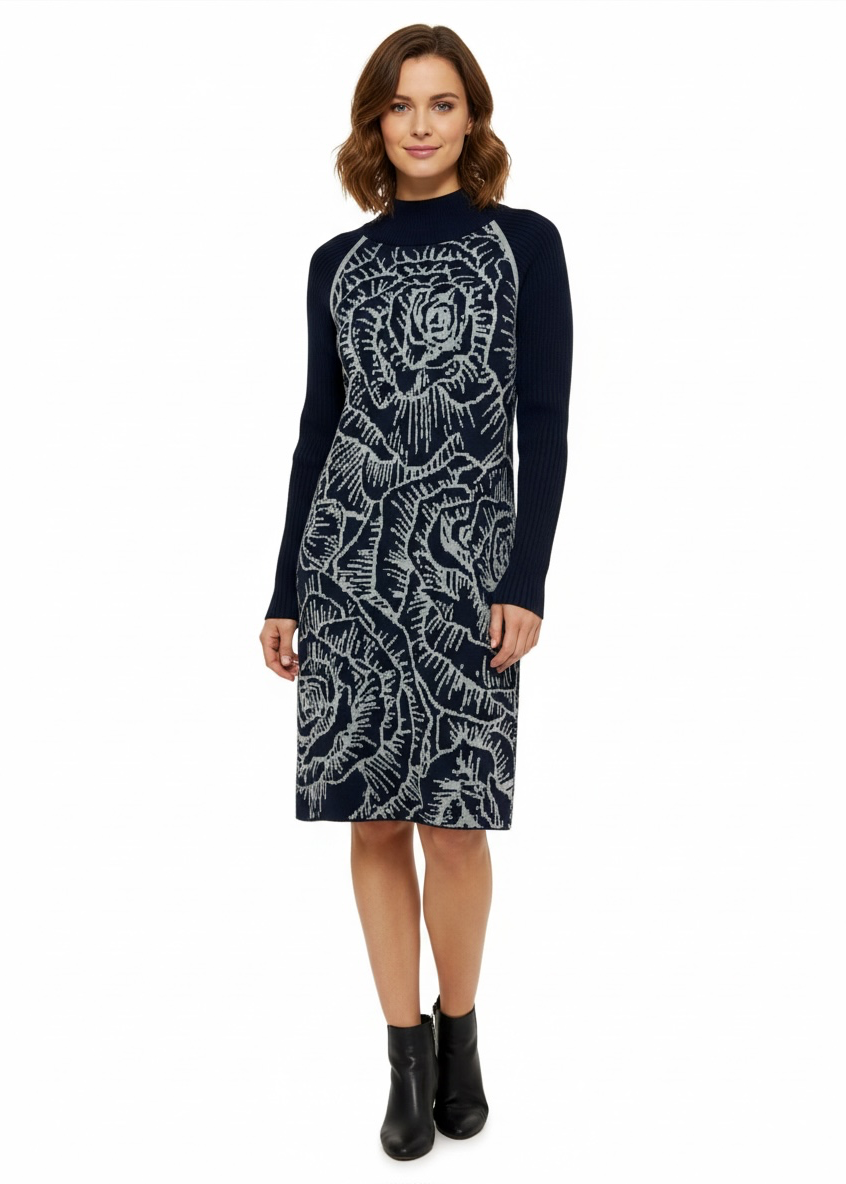 Title Nine Navy and Light Gray Floral Knit Long-Sleeve Midi Dress
