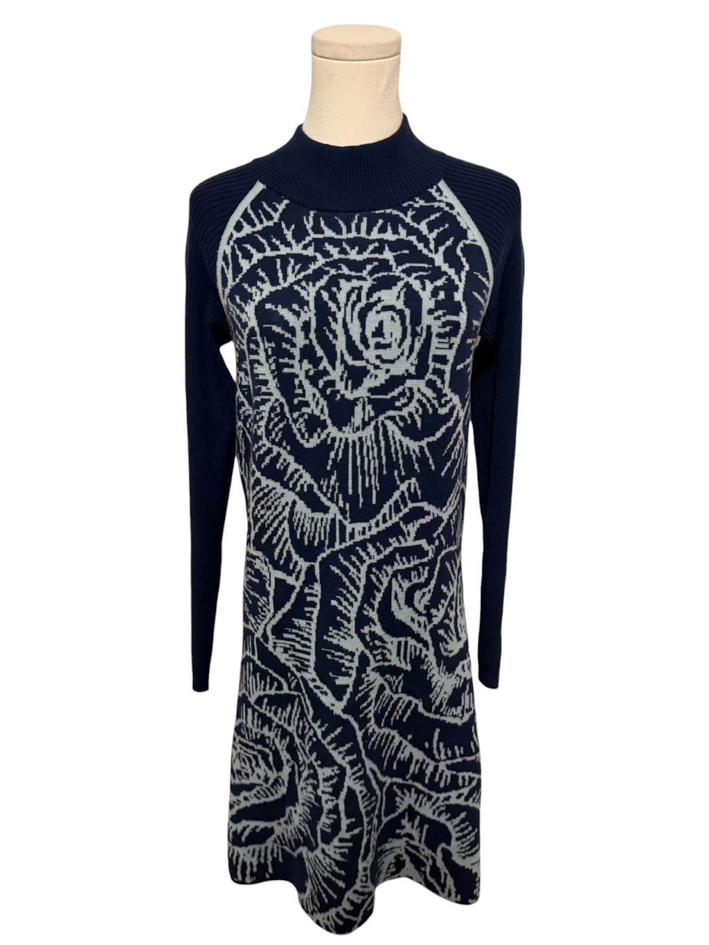 Title Nine Navy and Light Gray Floral Knit Long-Sleeve Midi Dress