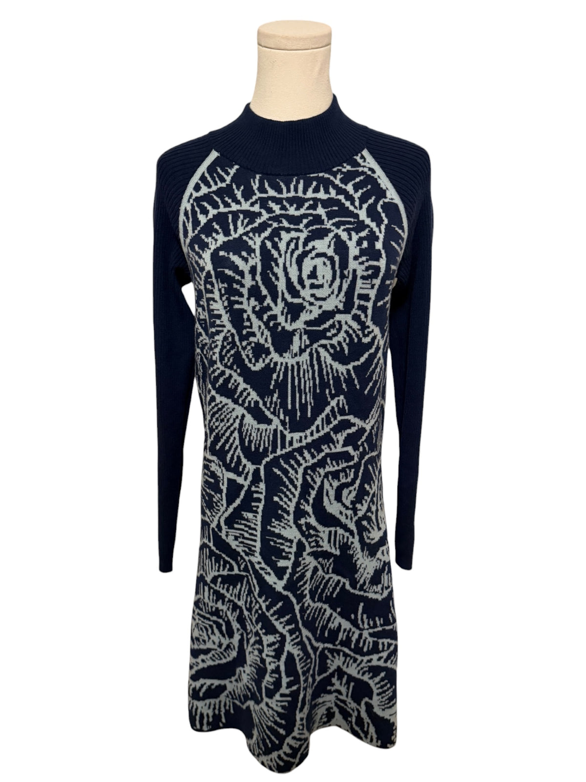 Title Nine Navy and Light Gray Floral Knit Long-Sleeve Midi Dress