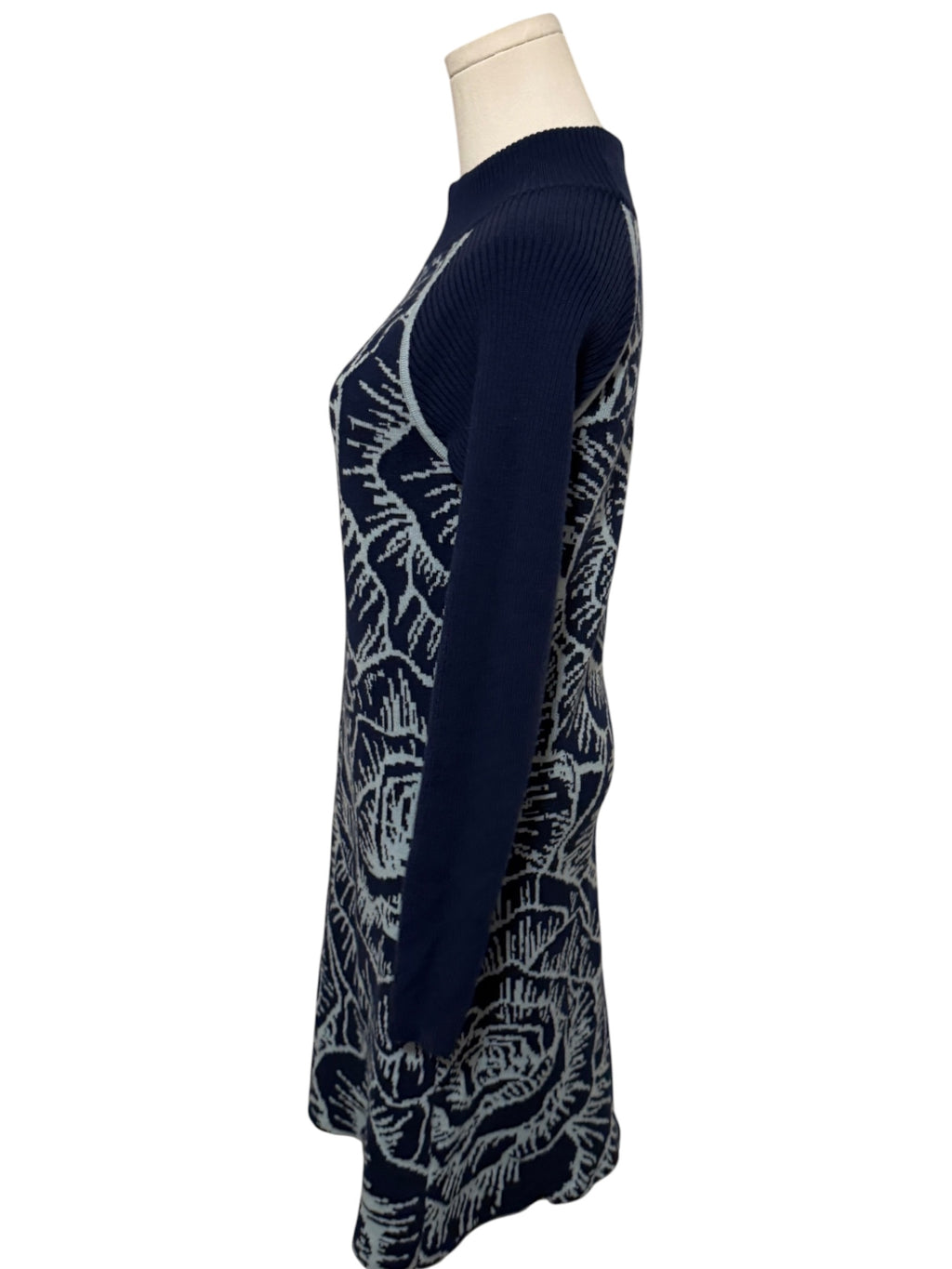 Title Nine Navy and Light Gray Floral Knit Long-Sleeve Midi Dress