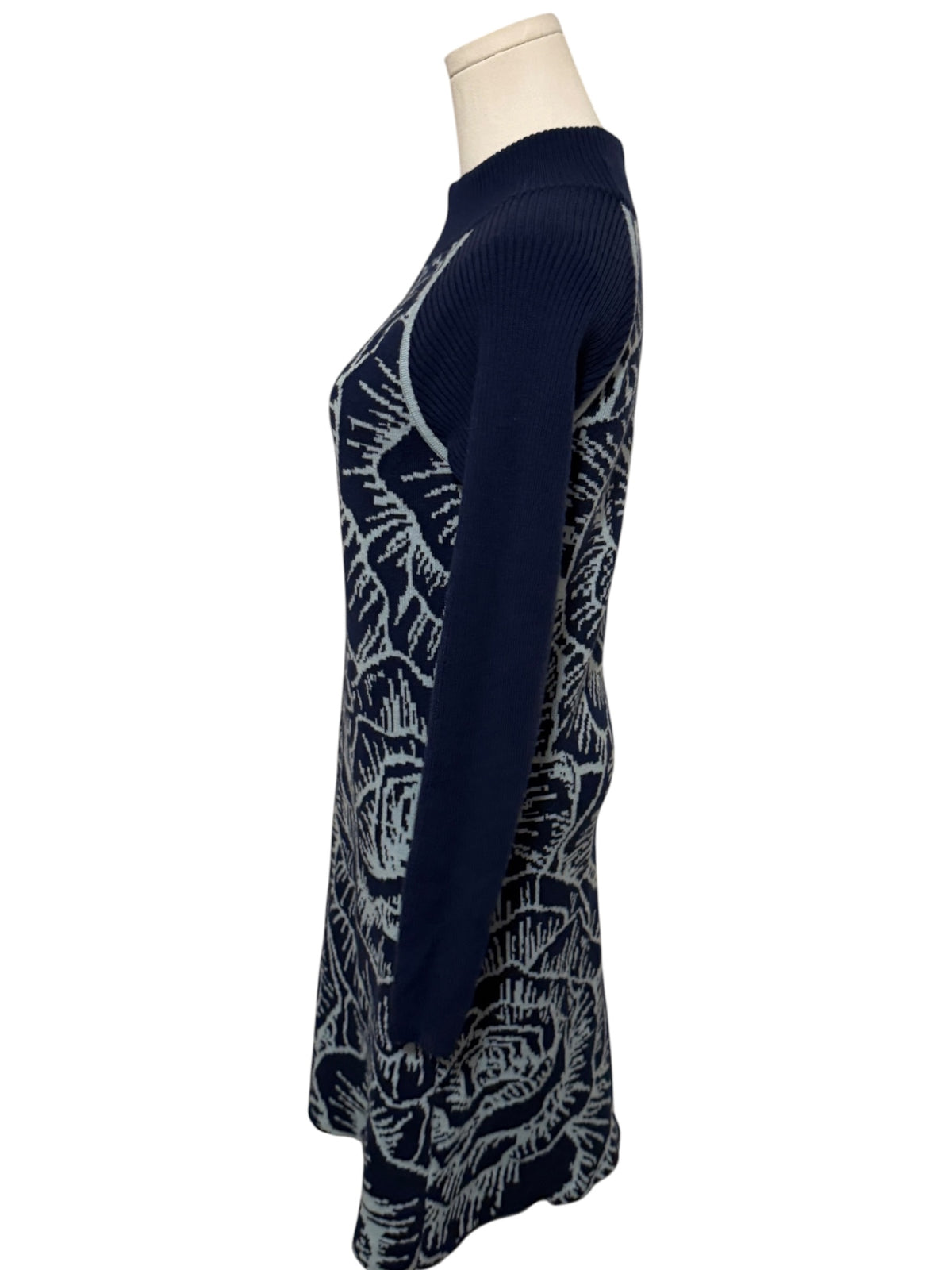 Title Nine Navy and Light Gray Floral Knit Long-Sleeve Midi Dress