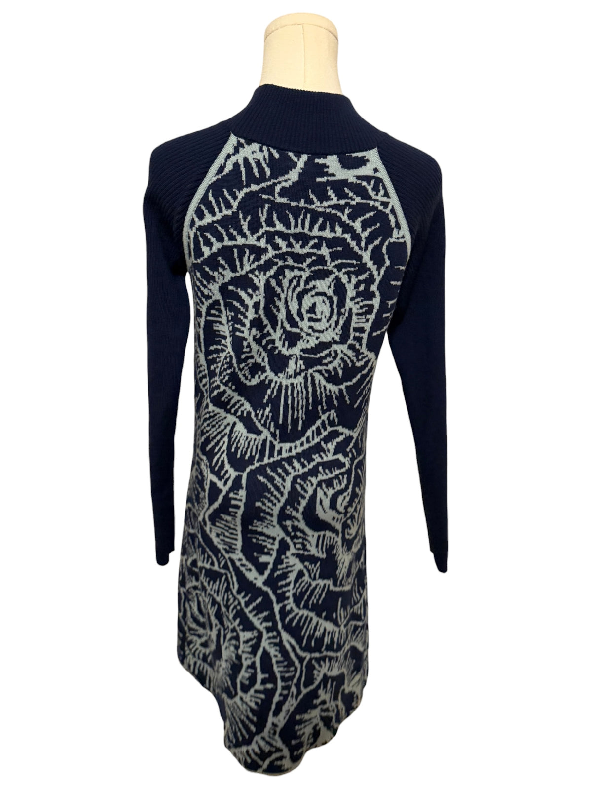 Title Nine Navy and Light Gray Floral Knit Long-Sleeve Midi Dress