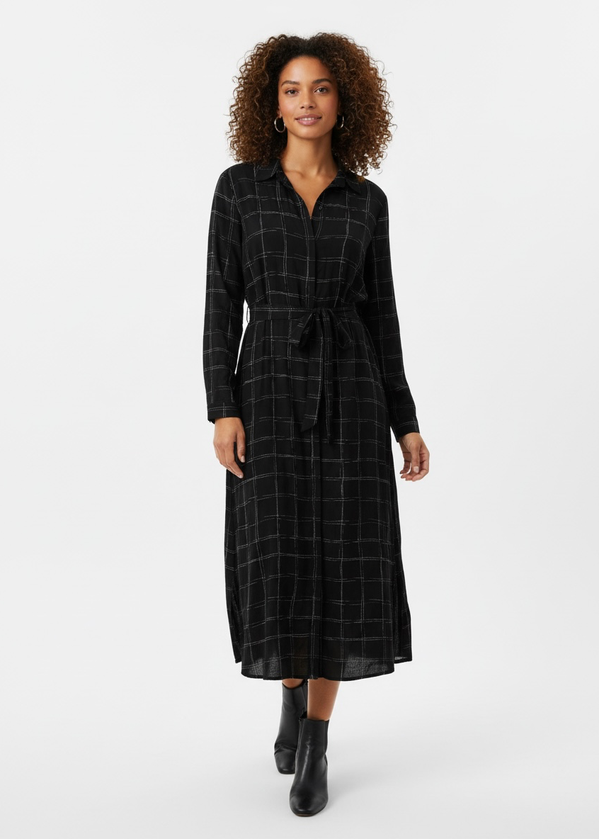 Cloth & Stone Black Windowpane Plaid Midi Shirt Dress