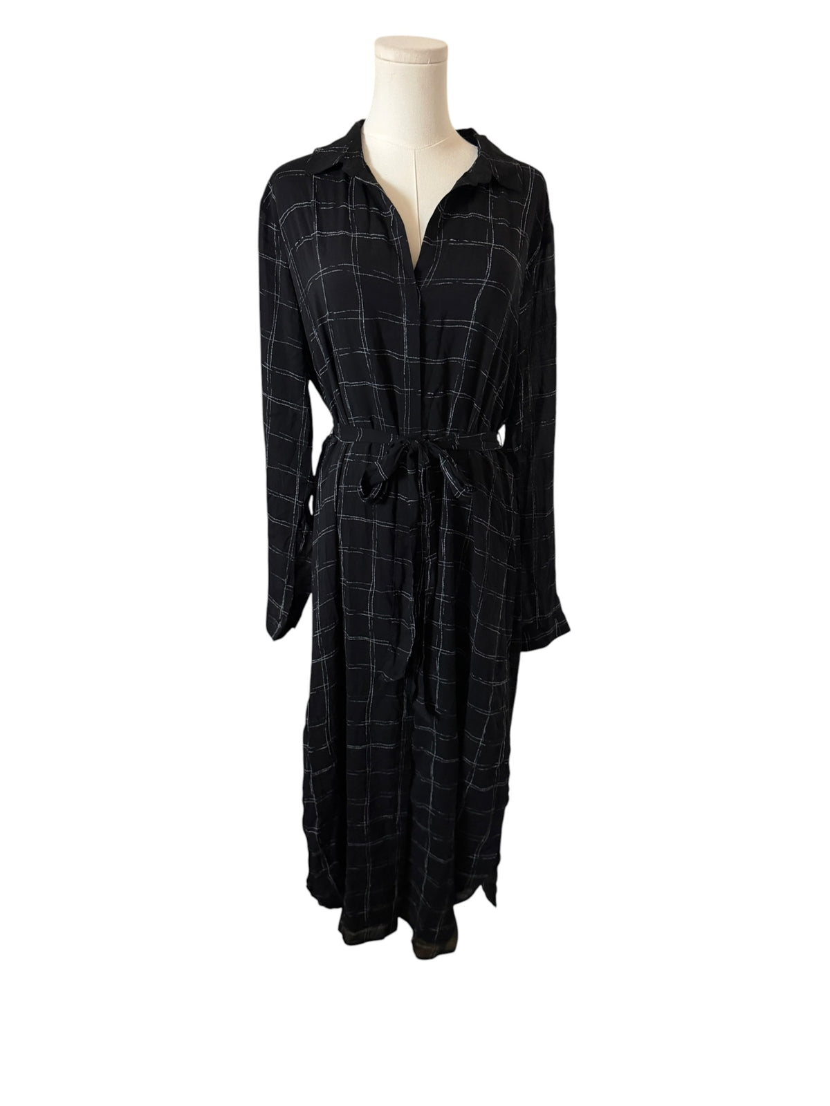 Cloth & Stone Black Windowpane Plaid Midi Shirt Dress