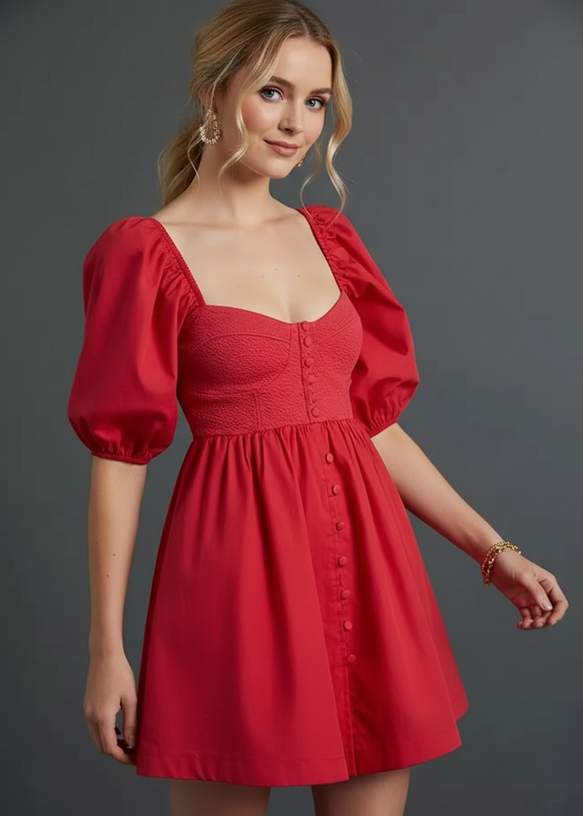 Hot pink Maeve Puff-Sleeved Sweetheart Mini Dress from Anthropologie