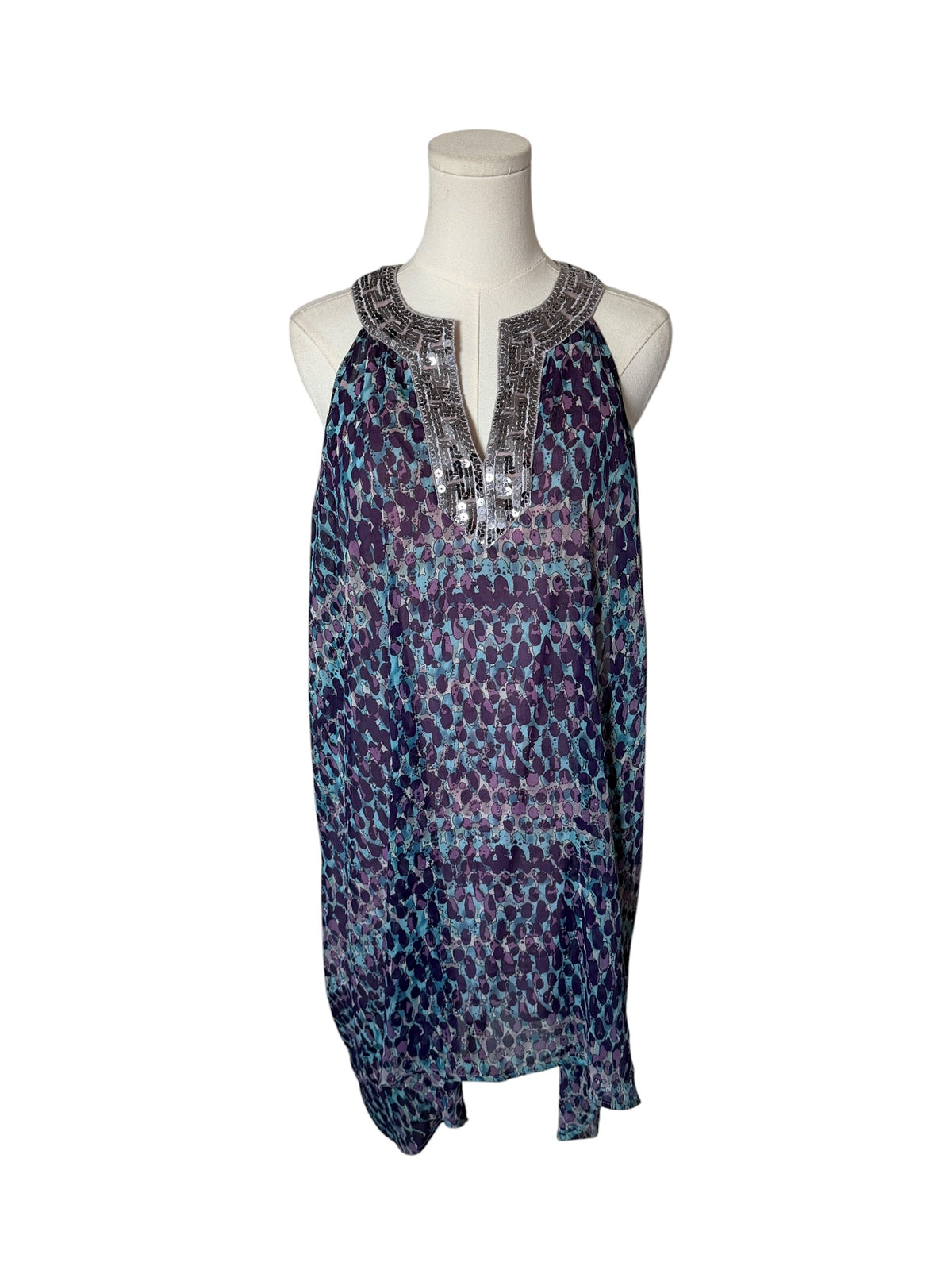 Free People Silver Sequin Multicolor Sleeveless Halter Chiffon Tunic