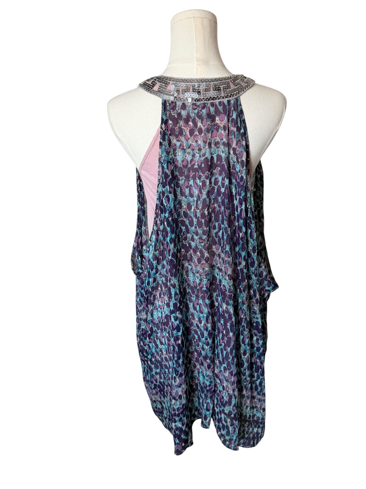 Free People Silver Sequin Multicolor Sleeveless Halter Chiffon Tunic