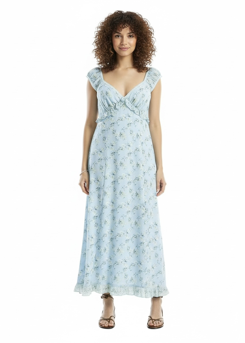 Max Studio Light Blue Floral Ruffle Maxi Dress