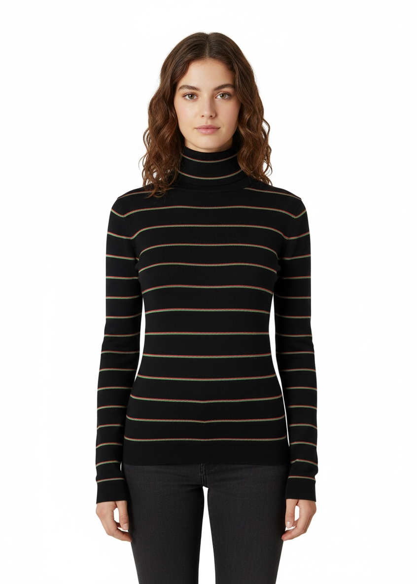 Caara Women's Black Striped Turtleneck Sweater