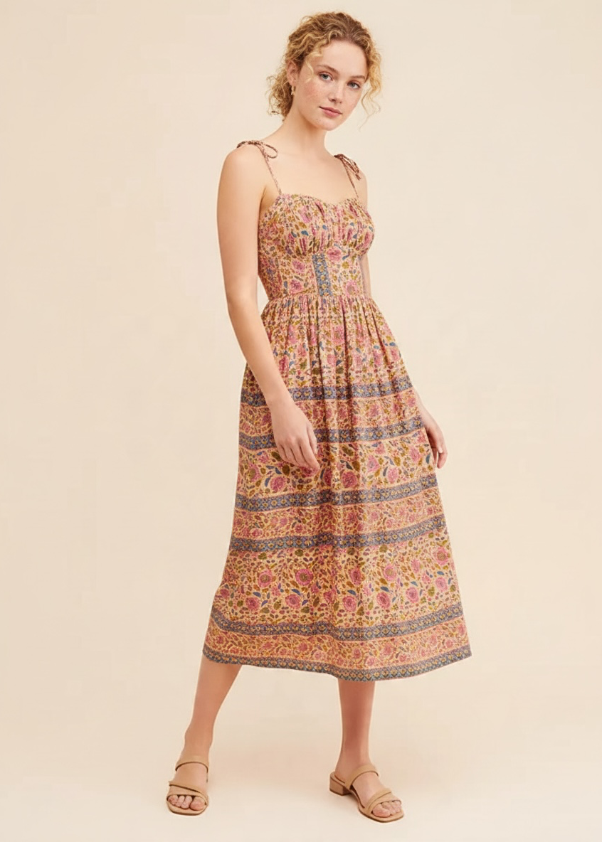 Place Nationale Strappy Tie Tiered Printed Midi Dress