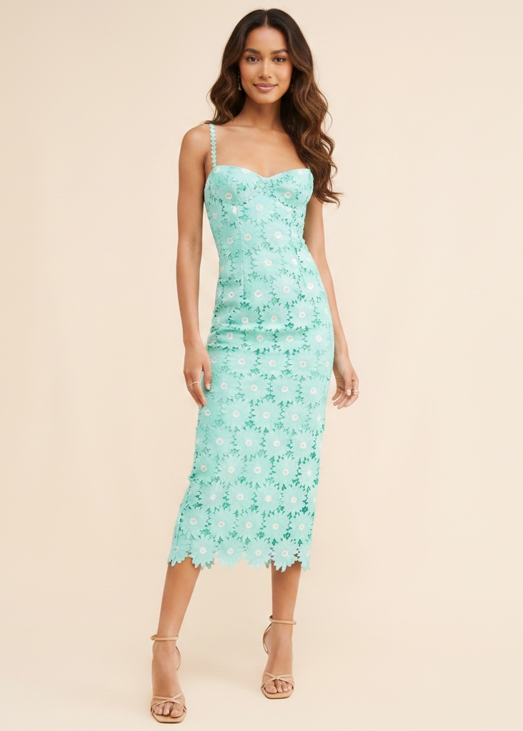 A woman modeling a light aqua lace midi dress with thin straps and a sweetheart neckline, paired with beige high-heeled sandals, against a solid pale beige background.
