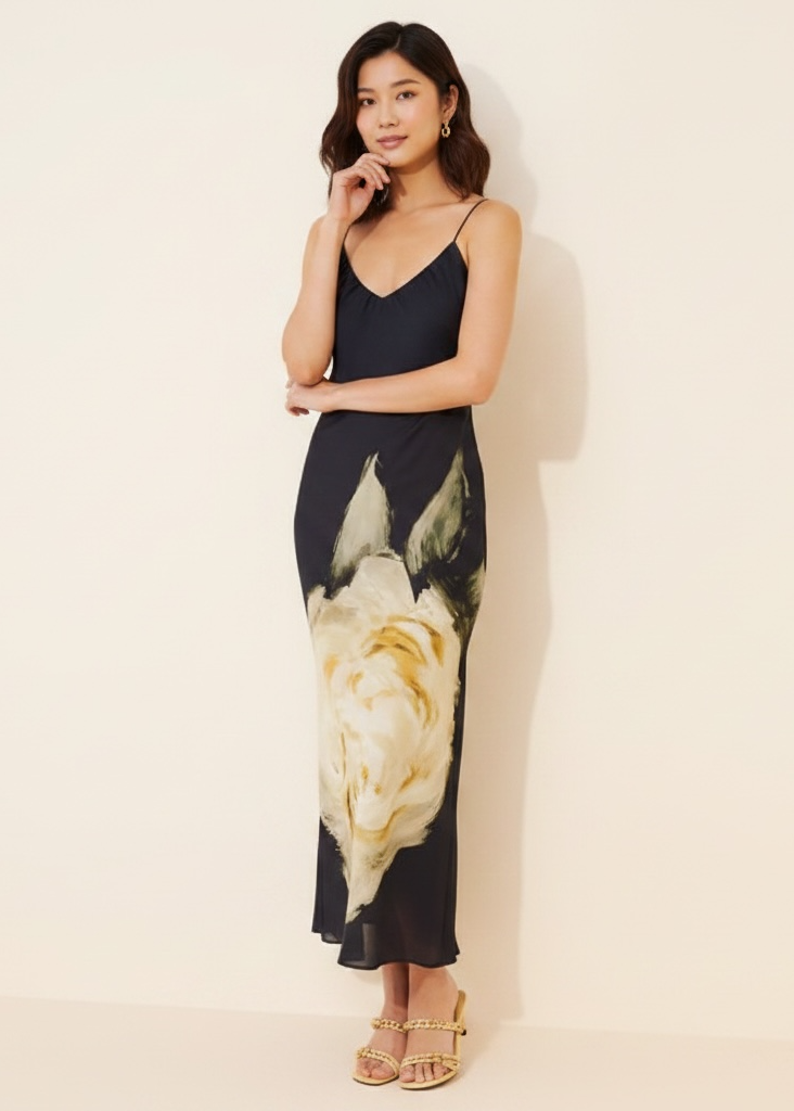 Naya Rea Odette dress in black, featuring a large white floral placement print