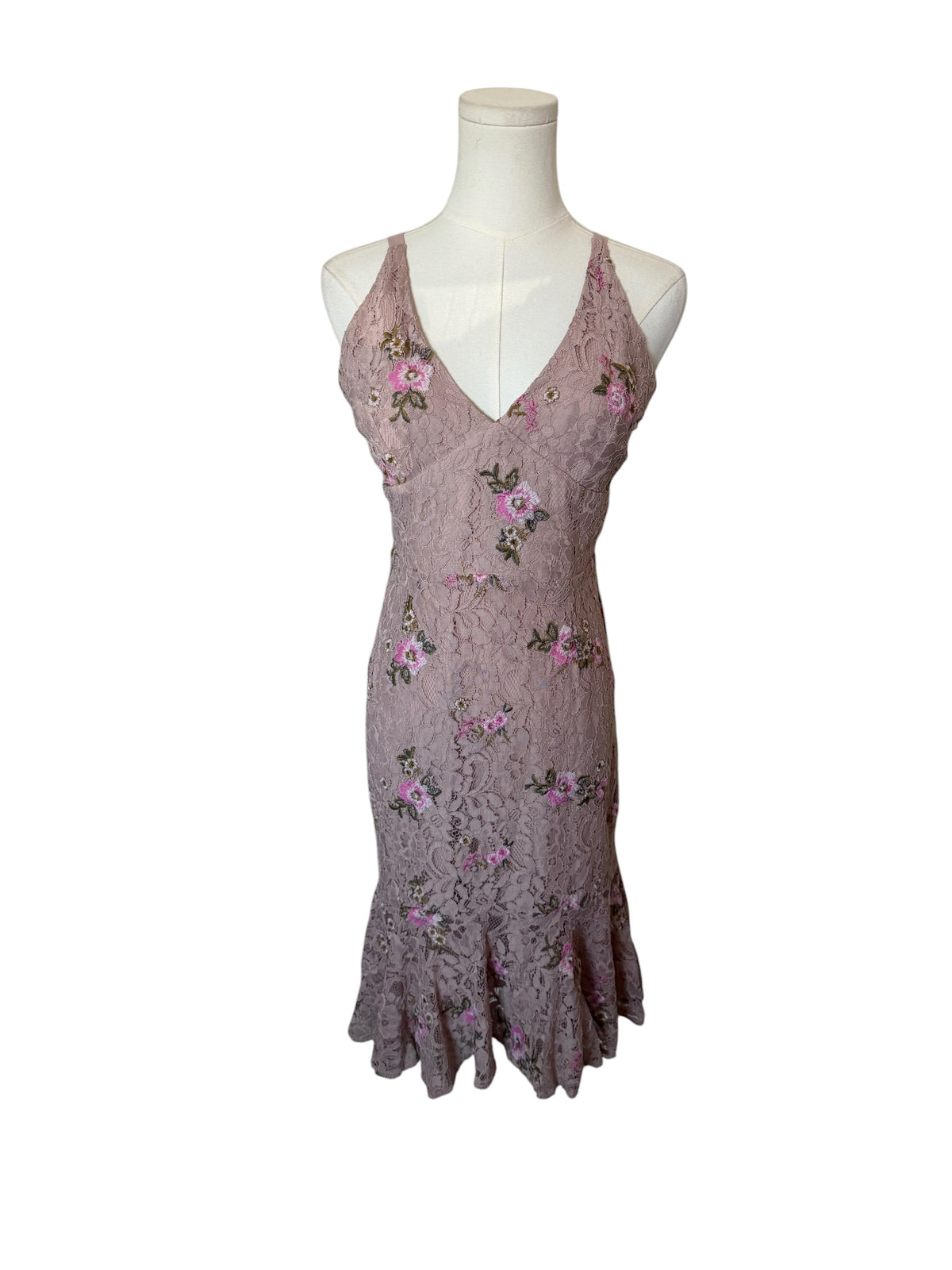Wayf Ferrara Lace Dress in a blush color, featuring delicate floral embroidery