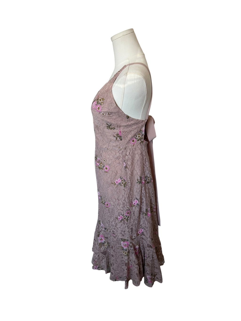 Wayf Ferrara Lace Dress in a blush color, featuring delicate floral embroidery