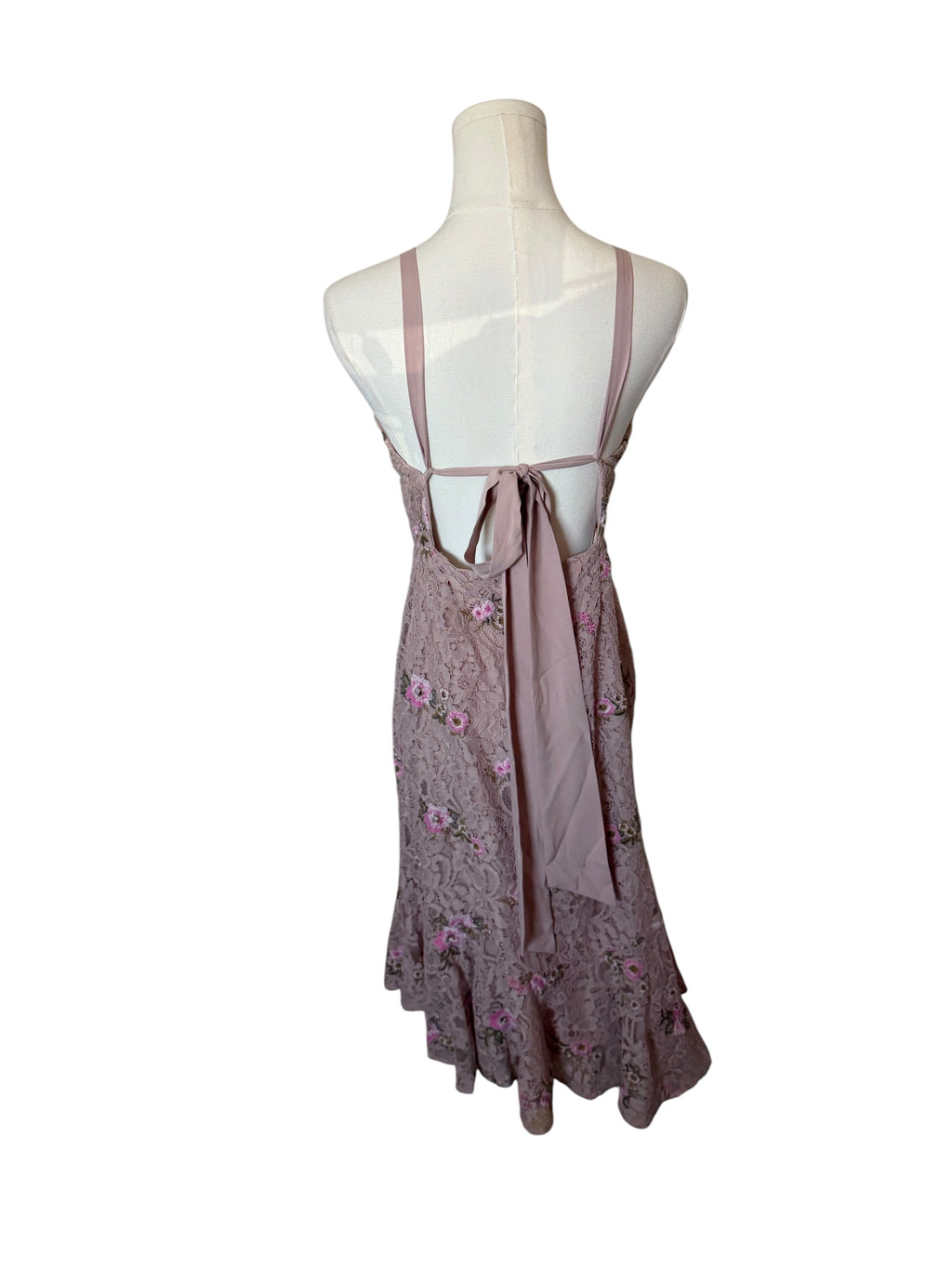 Wayf Ferrara Lace Dress in a blush color, featuring delicate floral embroidery