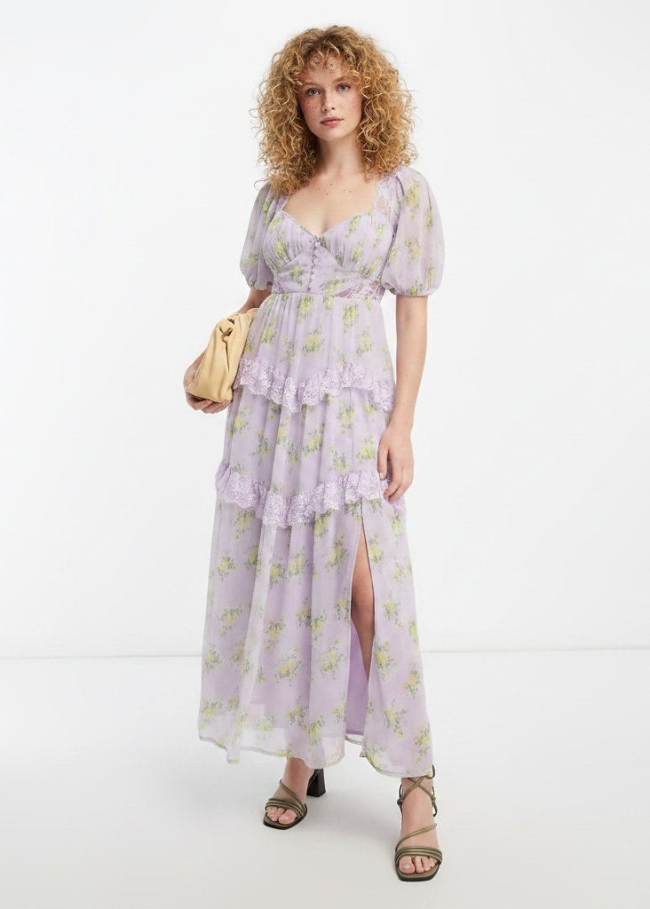 ASOS Design open-back midi tea dress in a lilac ditsy floral print