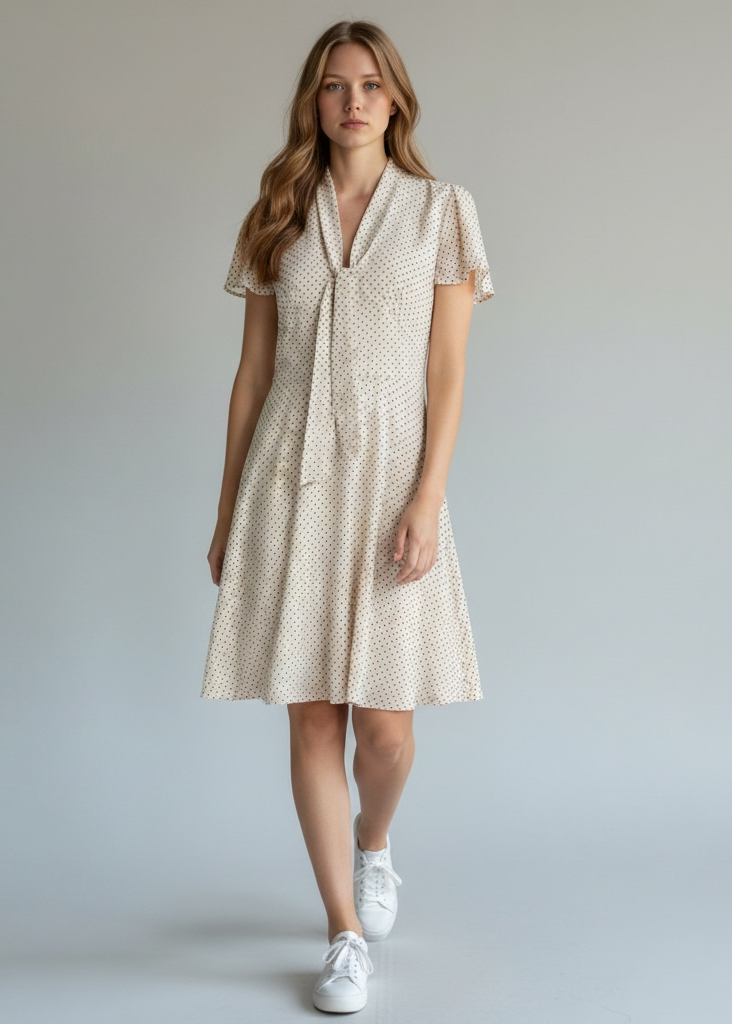 Maggy London cream-colored polka dot dress features a tie-neck detail