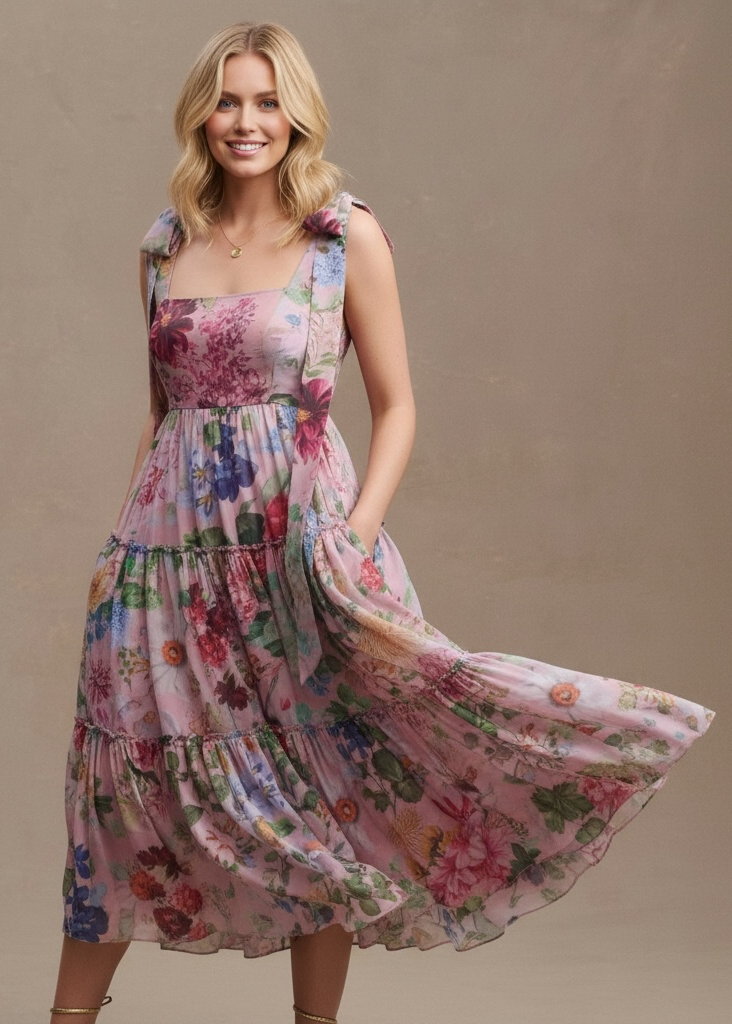 BHLDN Isabella Tiered Square-Neck A-Line Midi Dress by Anthropologie
