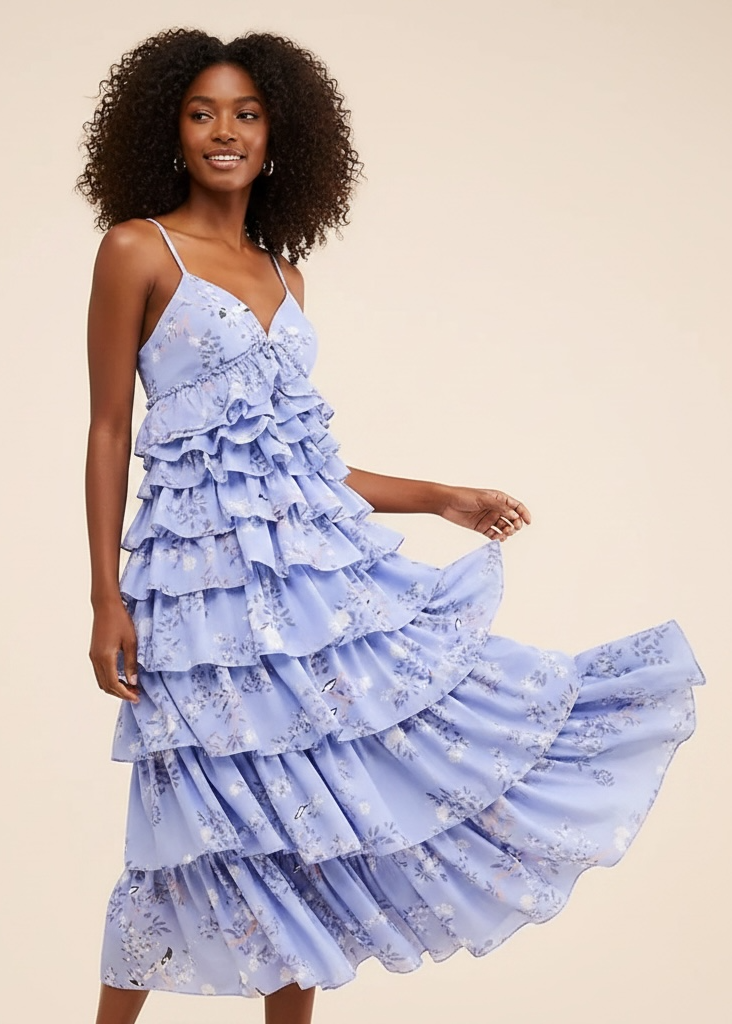 Geisha Designs Sleeveless Floral Tiered Midi Dress in lavender