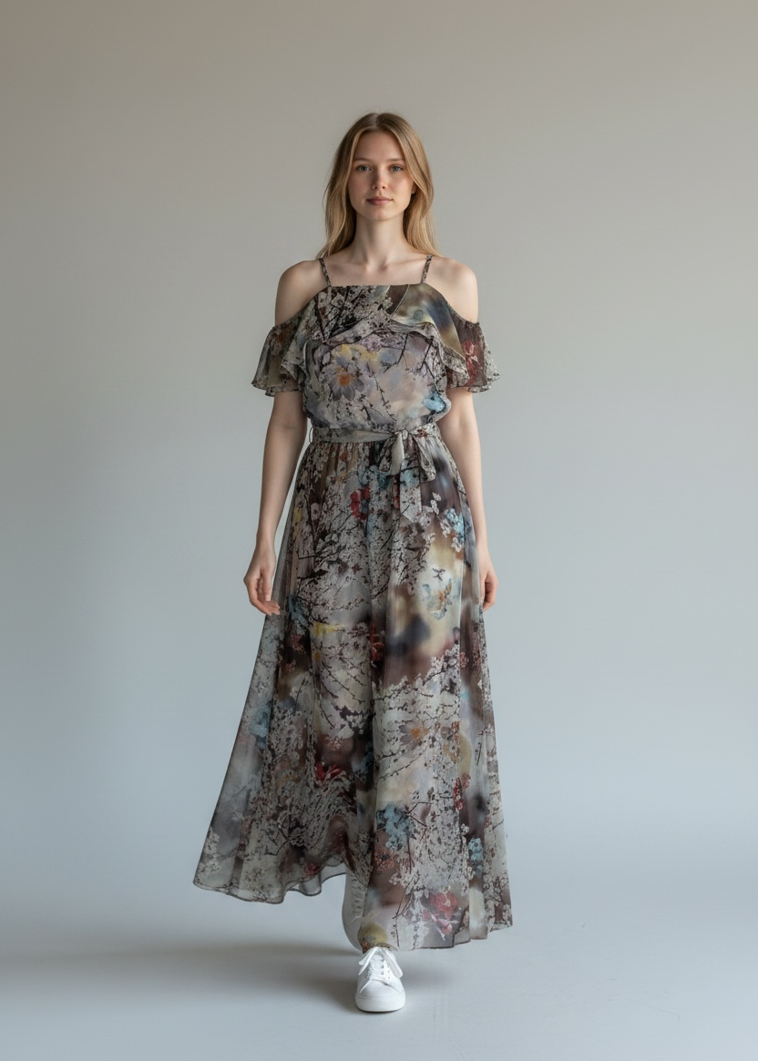 Nicole Miller Floral Print Ruffle Maxi Dress
