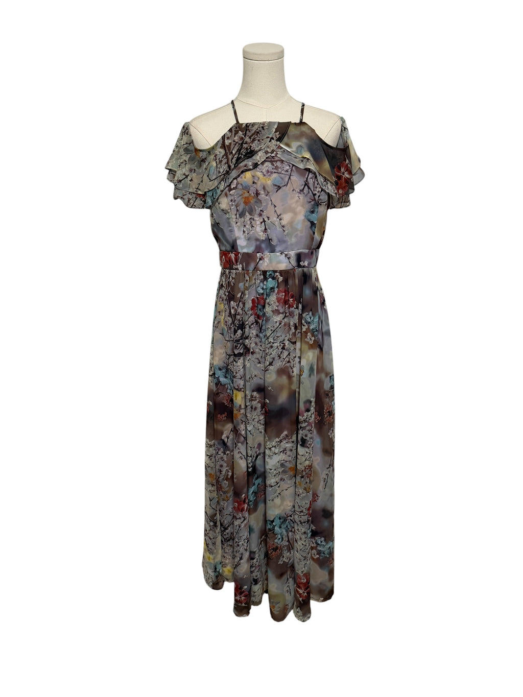 Nicole Miller Floral Print Ruffle Maxi Dress